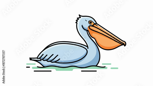 A stylized cartoon pelican floats serenely on gentle green waves