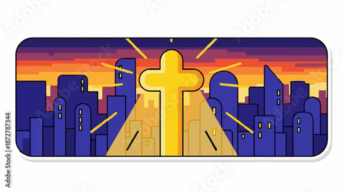 A stylized golden cross glows brightly above a silhouette of a city at dusk