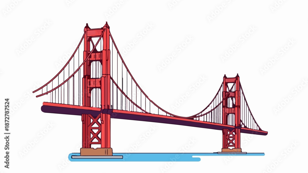 Fototapeta premium A stylized graphic illustration of a large red suspension bridge, spanning over blue water