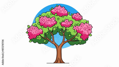 A stylized cartoon tree with green foliage and bright pink blossoms against a sky blue circular background