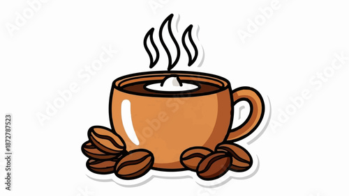 A steaming cup of dark coffee with a dollop of cream and coffee beans