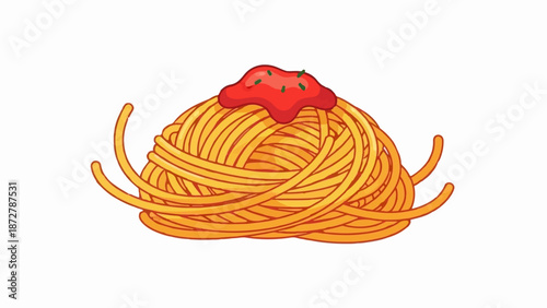 A stylized, cartoonish ball of golden spaghetti, topped with a dollop of red sauce and green herbs
