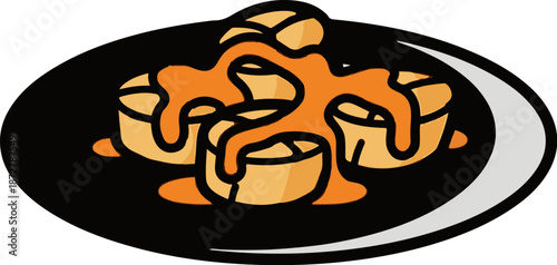 A stylized illustration of three circular pastries topped with drizzled orange sauce on a black plate