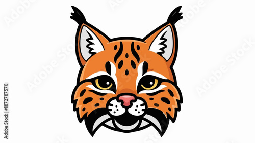 A stylized, cartoonish bobcat face with orange fur, black spots, yellow eyes, and tufted ears