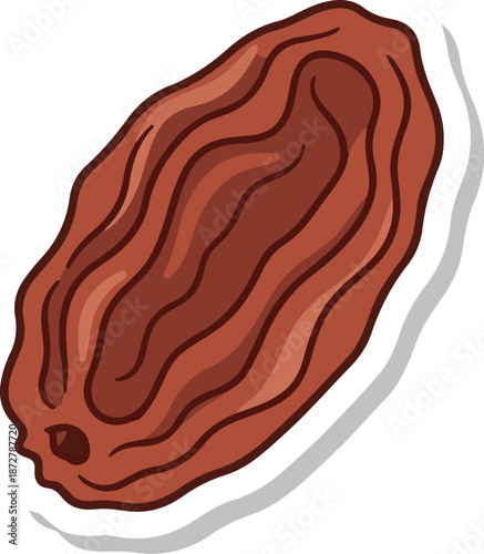 A single brown raisin with grooved texture and a lighter outline against a white background