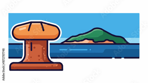 A simplistic depiction of a mooring post at sea with a green island backdrop