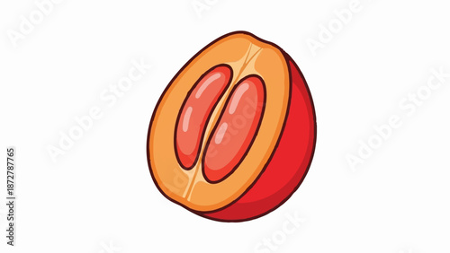 A single, halved, red fruit with orange flesh and two visible seeds