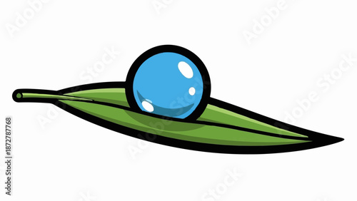 A single droplet of blue liquid rests atop a pointed green leaf