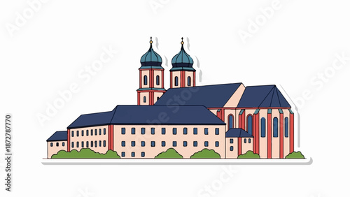 A simplistic drawing of a large, pale pink building with a dark blue roof and two blue domes, with greenery below