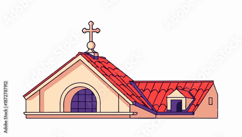 A simplified illustration of a church with a red tiled roof and a cross