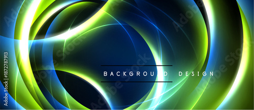 Abstract neon lines create dynamic curves, glowing shapes. Dark background emphasizes vibrant green, blue hues. Modern design element.