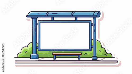 A simplified illustration of a blue bus stop shelter with a white blank billboard and bench