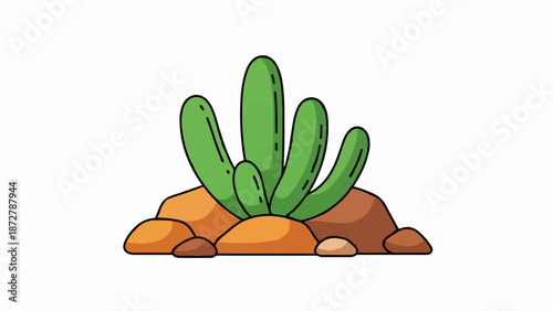 A stylized, cartoonish green cactus with several arms emerges from rounded, earthy-toned rocks