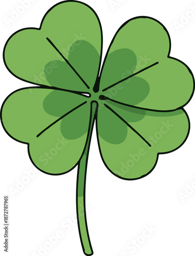 A simplified green four-leaf clover with dark outlines, cast shadows, and a stem