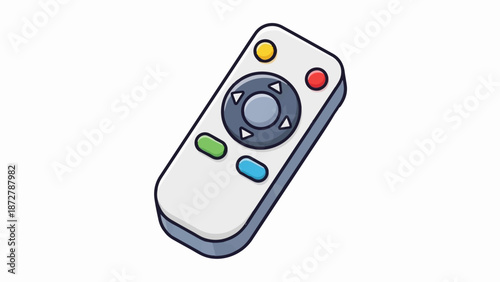 A simple, hand-drawn illustration of a grey remote control with colorful buttons