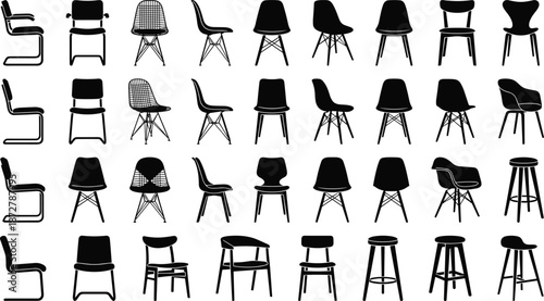 Modern chair silhouette collection featuring dining chairs bar stools lounge seating minimal furniture icons isolated black vector set