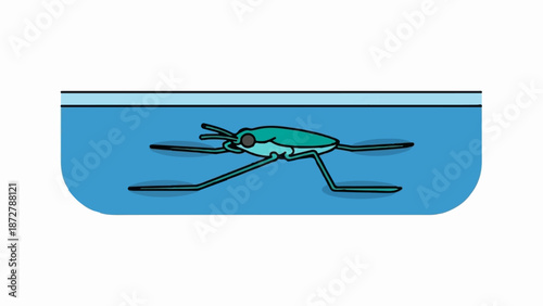 A simplified blue water strider insect glides across a body of water