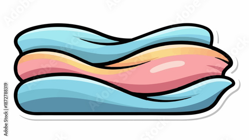 A stylized, cartoonish hot dog with a pinkish-orange sausage nestled in a light blue bun