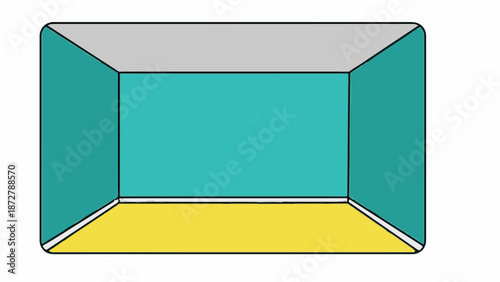 A simple, colorful representation of an empty, three-sided room with rounded corners