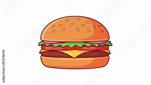 A stylized, cartoon-like hamburger with sesame seeds on its orange bun