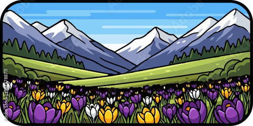 A stylized spring landscape with snow-capped mountains, rolling green hills, and a field of vibrant purple, yellow, and white crocuses