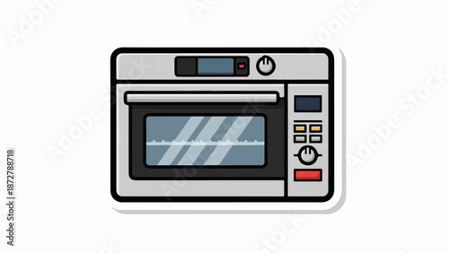 A simple, cartoon-style drawing of a silver oven with a glass door and control panel