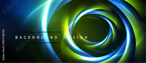 Abstract swirls, vibrant colors, dynamic composition. Blue, green, yellow hues create modern visual effect. Dark background emphasizes luminosity.