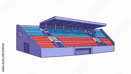 A simple, cartoonish illustration of a spectator stadium with purple, blue, and red seating