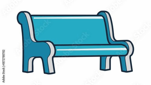 A simple, cartoonish illustration of a blue park bench with white and grey accents