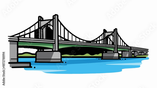 A simple cartoon illustration of a suspension bridge spanning a blue body of water with green land