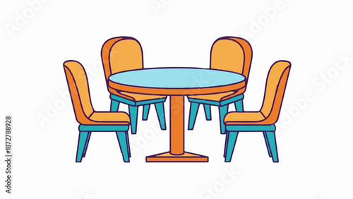 A simple cartoon illustration of a round table with four chairs