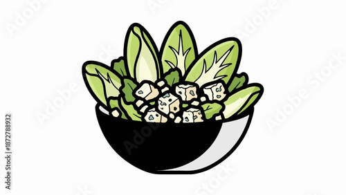 A simple cartoon illustration of a salad in a black bowl