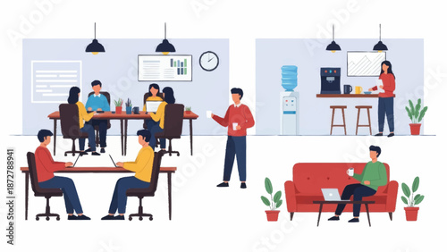 Modern office space with employees working and collaborating.