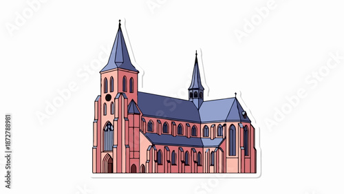 A simple cartoon illustration of a large, pink cathedral with blue roof spires and arched windows