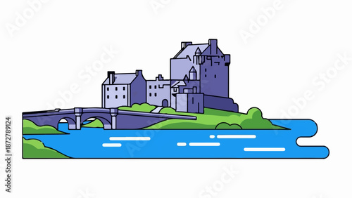 A stylized castle sits on an island with a stone bridge connecting it to a green shore, surrounded by blue water