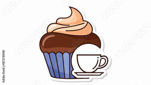 A stylized chocolate cupcake with peachy frosting beside a simple line art coffee cup