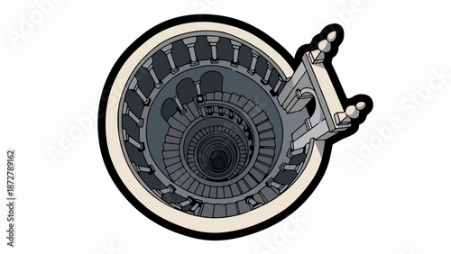 A stylized, circular, top-down view of a grand, dark spiral staircase with stone columns and arched openings