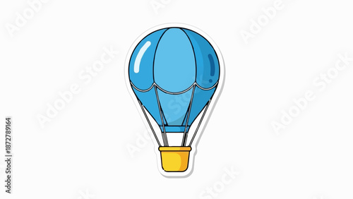 A simple cartoon illustration of a blue hot air balloon with a yellow basket against a white background