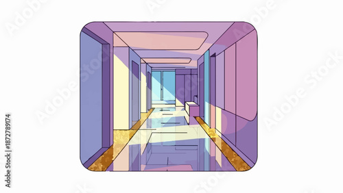 A stylized, sun-drenched hallway with reflective floors and purple walls