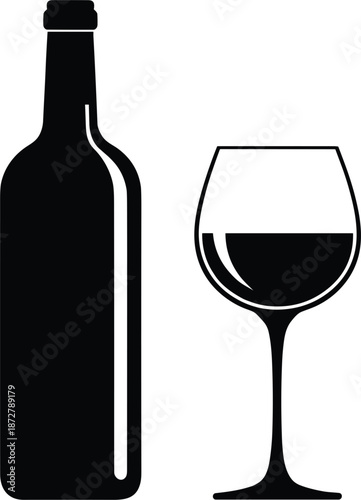 Wine bottle and wine glass silhouette icon perfect for bar labels, menus, winery branding, drink symbols and vector designs