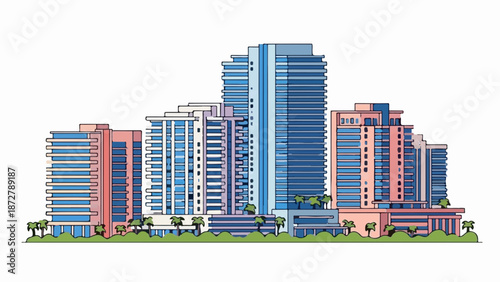 A stylized cityscape featuring a cluster of modern buildings with blue glass facades and coral-colored accents