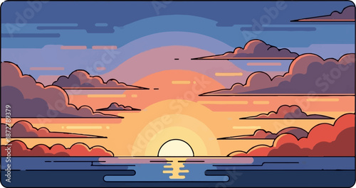 A stylized sunset over calm water, with layered clouds in hues of orange, purple, and blue