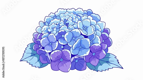 A stylized cluster of vibrant blue and purple hydrangeas with green leaves on a white background