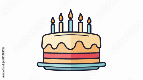 A stylized, three-tiered cake with five lit candles and wavy frosting sits on a plate