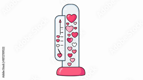 A stylized thermometer filled with floating hearts, indicating a high reading