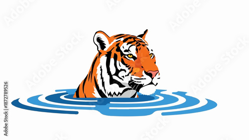 A stylized tiger's head emerges from rippling blue water