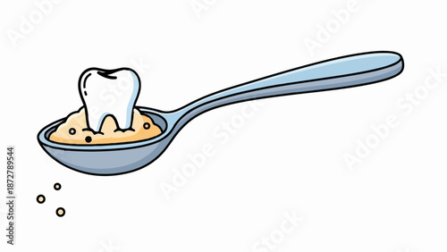 A stylized tooth sits on a spoon filled with a light brown substance, with small dots scattered below