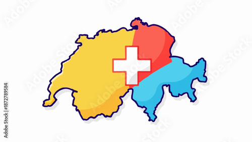 A stylized map of Switzerland divided into three colorful regions with a white cross