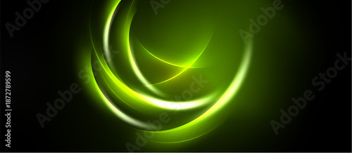 Abstract green swirls dominate dark background. Smooth curves create luminous effect, suggesting energy, motion, depth. Minimalist design.
