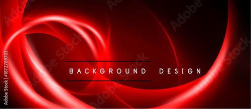 Abstract red design features swirling lines, bright glow. Center text reads background design on dark backdrop. Dramatic, modern aesthetic.